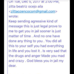 Zitta Ocejo Keep sending agressive kind of messages this just legol prove to me to get you in jail sooner is just matter of time. And no one have done anything to you. You did all this to yourself you had everything in life and you lost it. It is very sad that the drugs and anger made you mad and crazy. God bless you in jail my dear.